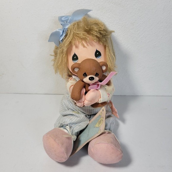 Precious Moments Applause 1986 Child with Teddy Bear Doll with Tag Missing Nose - Picture 1 of 10
